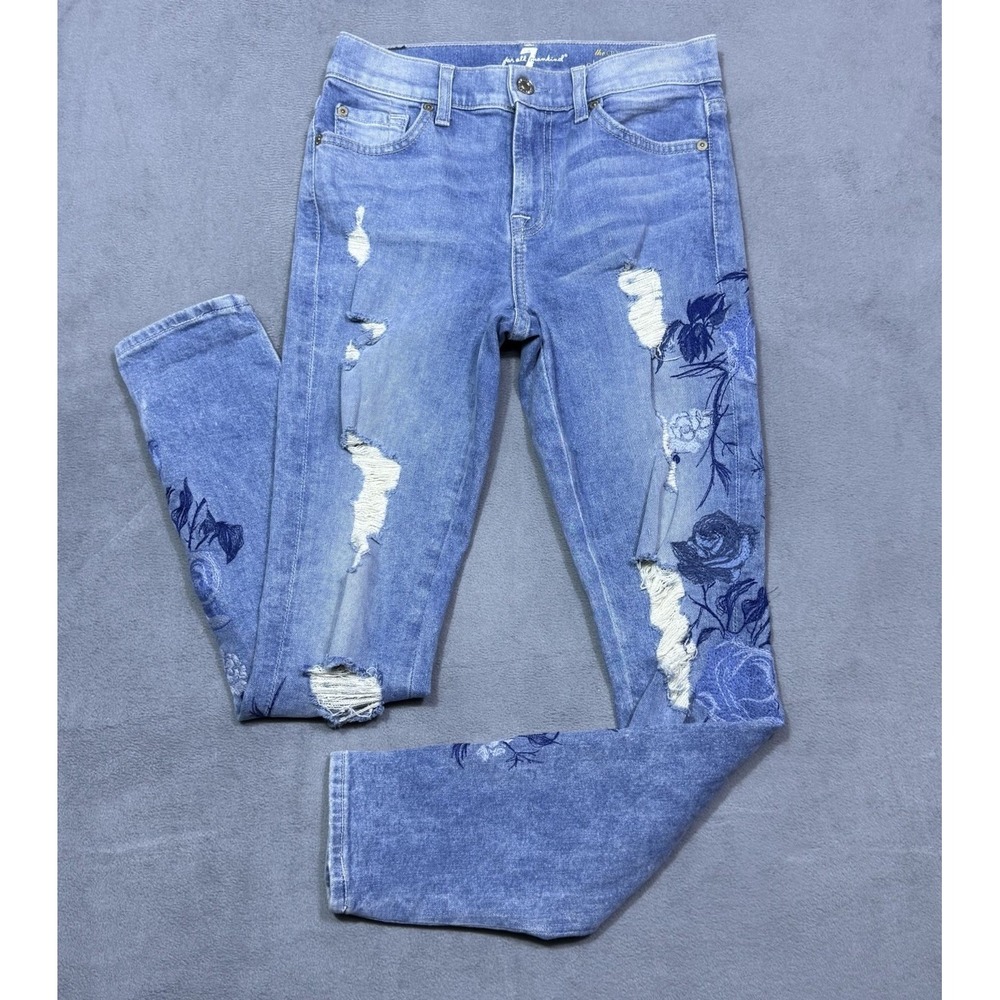 7 For All Mankind Jeans Womens 24x27 The Ankle Skinny Floral Embroidery Boho USA